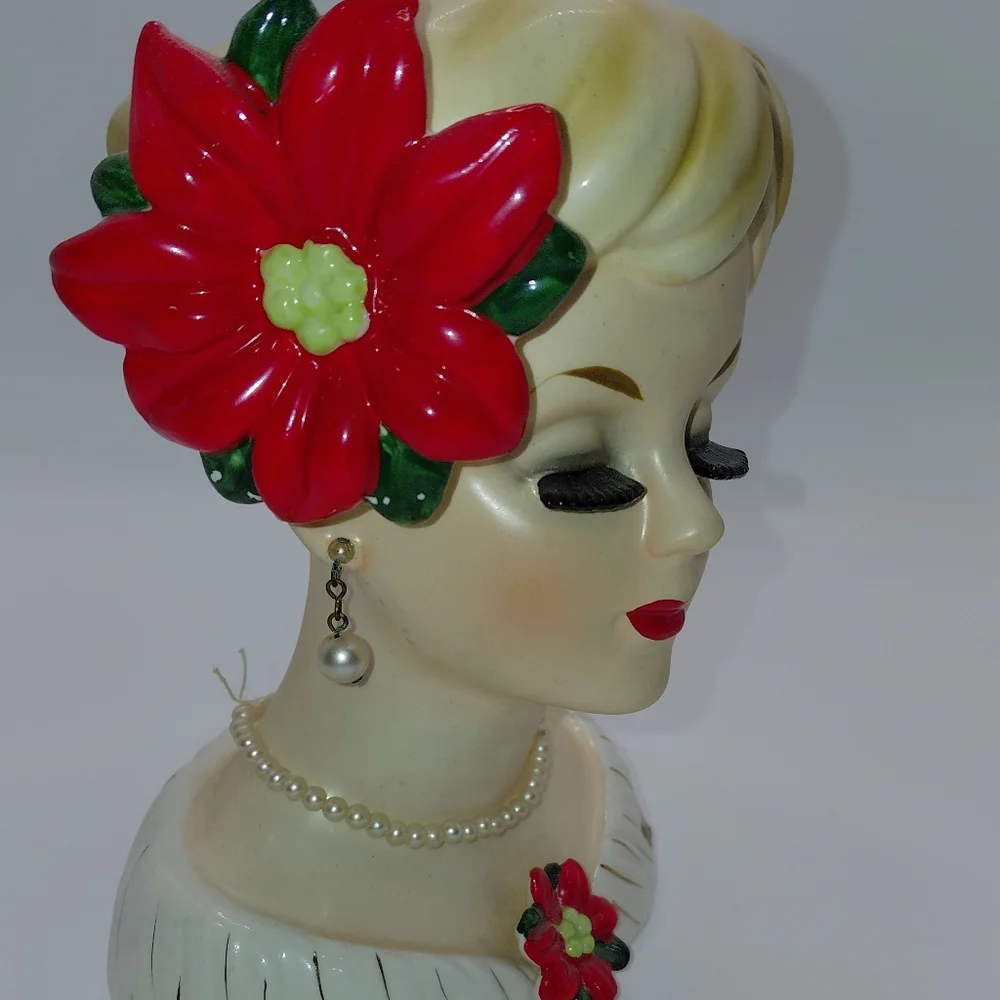 Vtg 1961 Inarco Blonde Girl Christmas Head Vase Poinsettia Necklace Earrings
